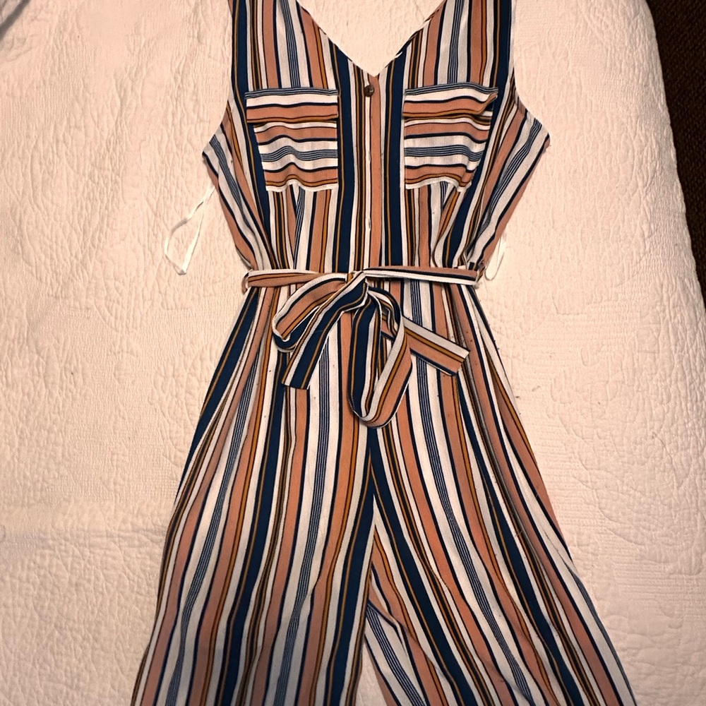 Striped Sleeveless Jumpsuit with Belt